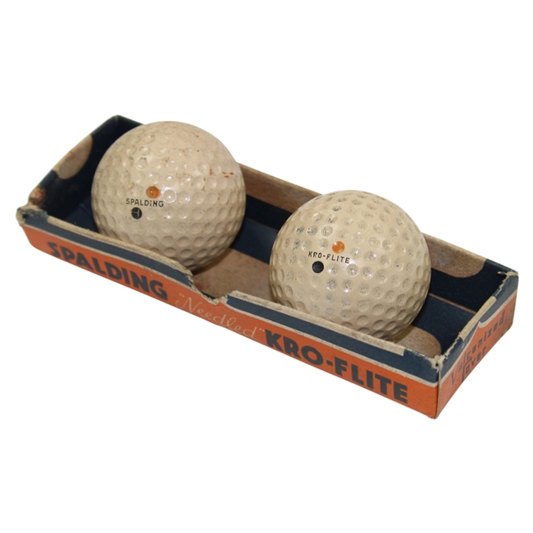 Lot of Two (2) Spalding Kro-Flite "Needled" Vulcanized Cover Golf Balls with Box