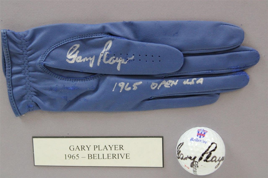 Gary Player Signed Bellerive Logo Golf Ball with Signed Glove '1965 US Open Champ' Display JSA ALOA