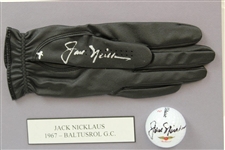 Jack Nicklaus Signed Baltusrol Logo Golf Ball with Signed Black Glove Display JSA ALOA