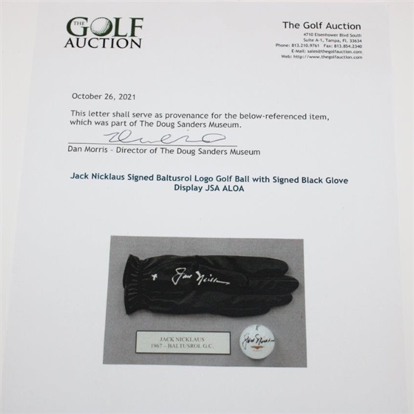 Jack Nicklaus Signed Baltusrol Logo Golf Ball with Signed Black Glove Display JSA ALOA