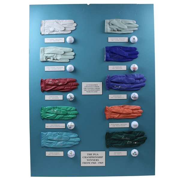 Winners of the PGA 1960-1969 Signed Golf Balls & Gloves Display JSA ALOA