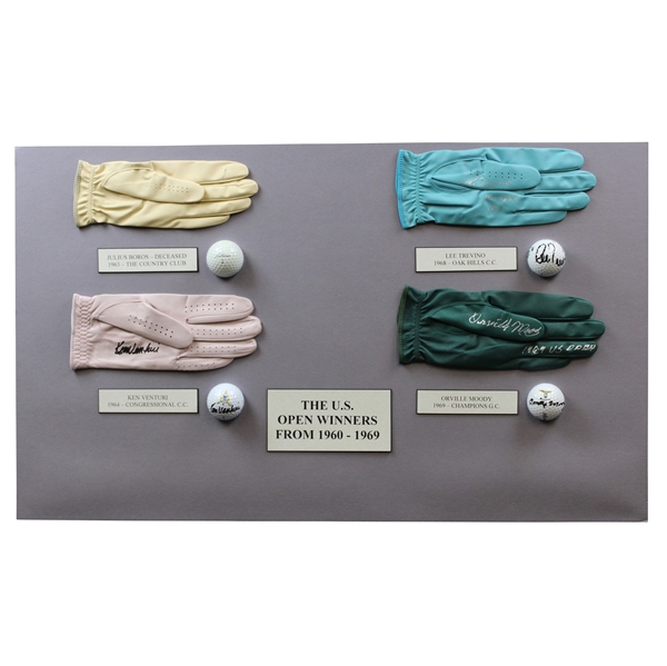 US Open Winners Venturi, Boros, Moody, & Trevino Signed Golf Balls & Gloves Display JSA ALOA