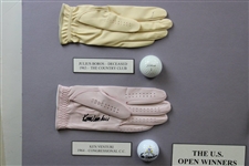 US Open Winners Venturi, Boros, Moody, & Trevino Signed Golf Balls & Gloves Display JSA ALOA