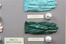 US Open Winners Venturi, Boros, Moody, & Trevino Signed Golf Balls & Gloves Display JSA ALOA