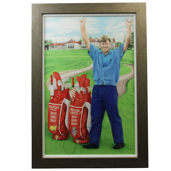 Nick Faldo Signed Major Championships Bag Kathy M. Crosse Print - Framed JSA ALOA
