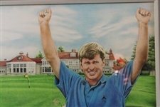 Nick Faldo Signed Major Championships Bag Kathy M. Crosse Print - Framed JSA ALOA