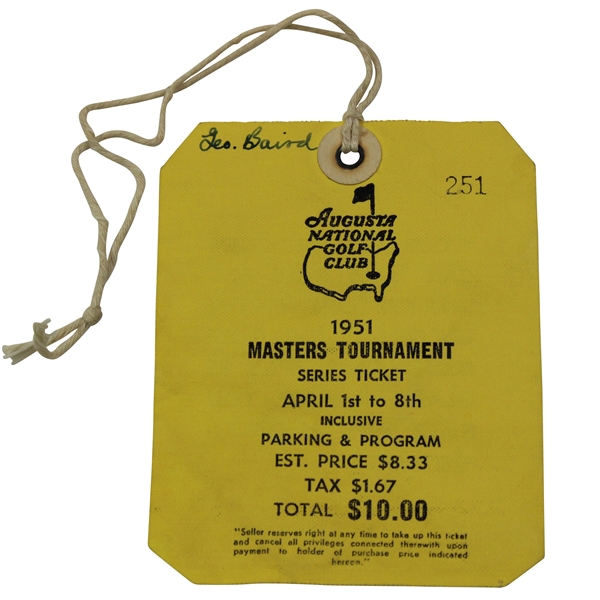 1951 Masters Tournament SERIES Badge #251 with Original String - Ben Hogan Winner