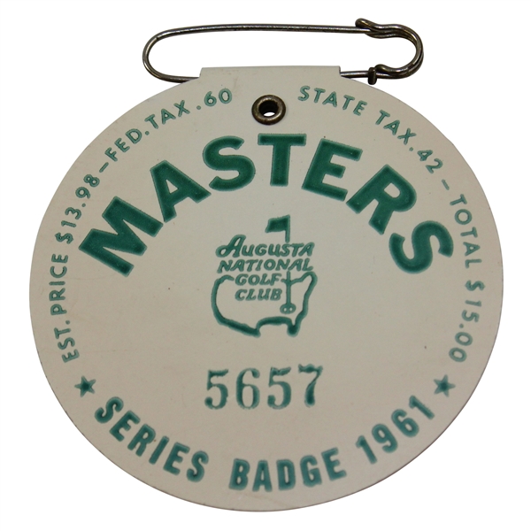 1961 Masters Tournament SERIES Badge #5657 with Original Pin - Gary Player Winner
