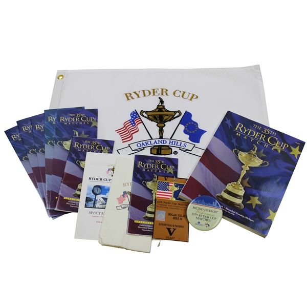 2004 Ryder Cup at Oakland Hills Embroidered Flag with Program, Ticket, Button, Napkins & Spectator Guides