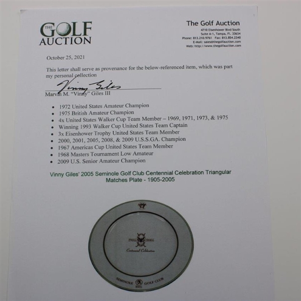 Vinny Giles' 2005 Seminole Golf Club Centennial Celebration Triangular Matches Plate - 1905-2005
