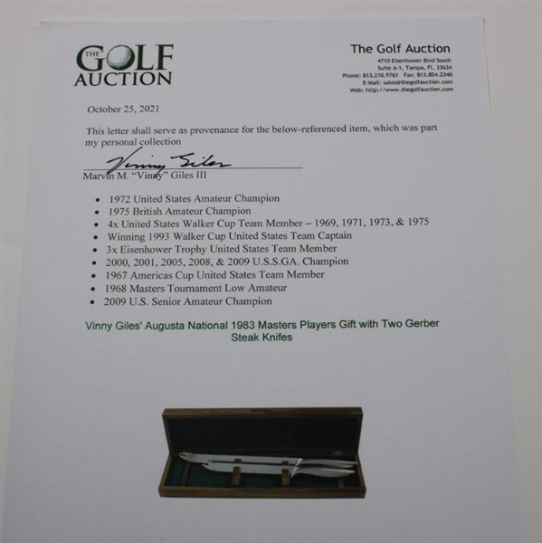 Vinny Giles' Augusta National 1983 Masters Players Gift with Two Gerber Steak Knifes