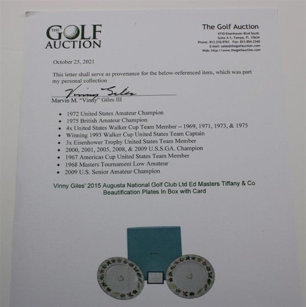 Vinny Giles' 2015 Augusta National Golf Club Ltd Ed Masters Tiffany & Co Beautification Plates In Box with Card