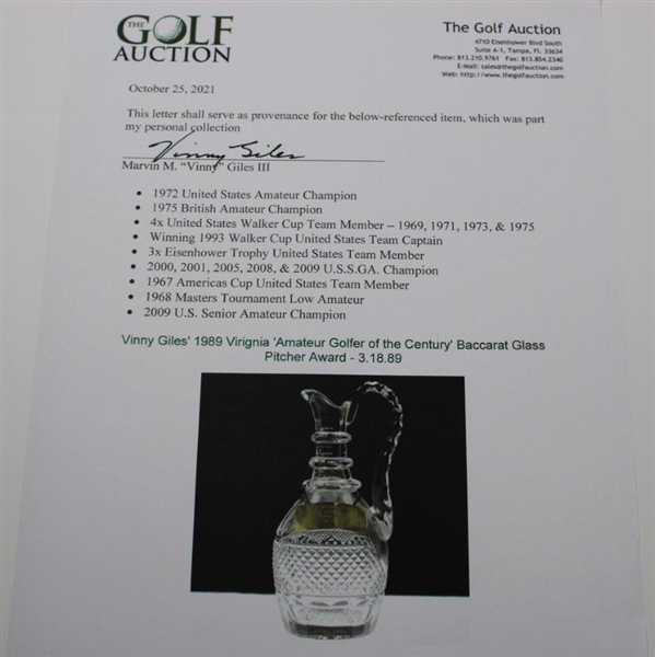 Vinny Giles' 1989 Virginia 'Amateur Golfer of the Century' Baccarat Glass Pitcher Award - 3.18.89