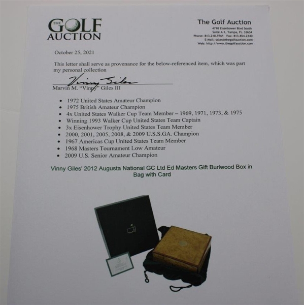 Vinny Giles' 2012 Augusta National GC Ltd Ed Masters Gift Burlwood Box in Bag with Card