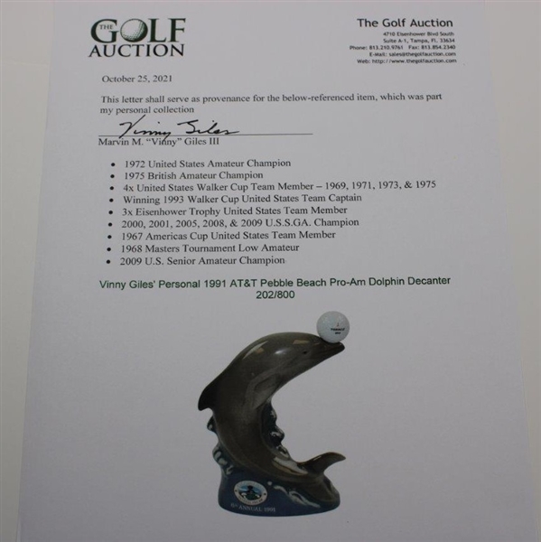 Vinny Giles' Personal 1991 AT&T Pebble Beach Pro-Am Dolphin Decanter 202/800