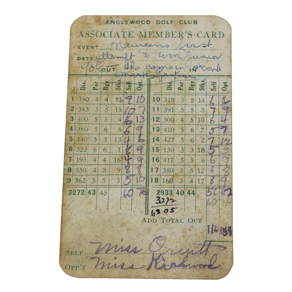 Maureen Orcutts 1921 Englewood Golf Club Scorecard (site 1909 U.S. Open) - First Attempt to Win Junior Golf