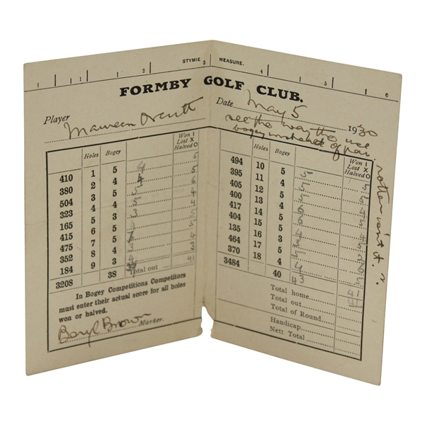 Maureen Orcutts 1930 British Ladies Amateur Scorecard at Formby Golf Club