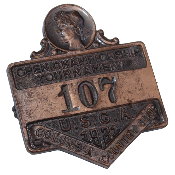 1921 U.S. Open - Jim Barnes - Columbia Country Club Contestant Badge #107 - ONE OF THE RAREST KNOWN!