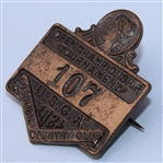 1921 U.S. Open - Jim Barnes - Columbia Country Club Contestant Badge #107 - ONE OF THE RAREST KNOWN!