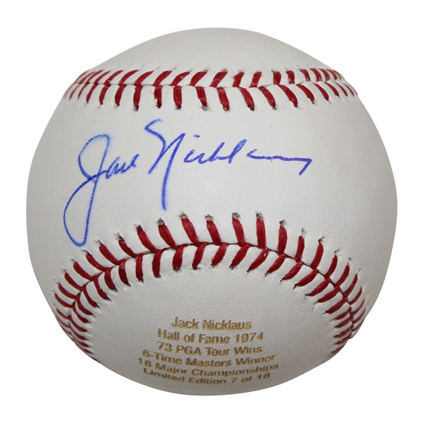 Jack Nicklaus Ltd. Ed. #7/18 Signed Rawlings "Stats" Baseball with Certificate of Authenticity 