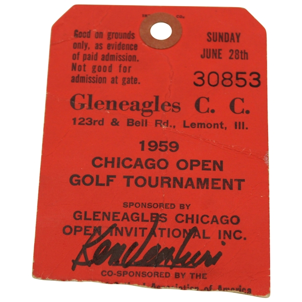 Champion Ken Venturi Signed 1959 Chicago Open at Gleneagles CC Ticket #30853 JSA ALOA
