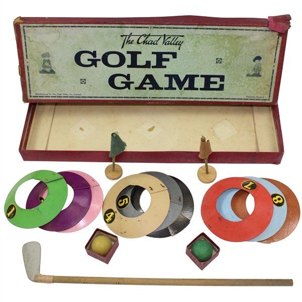 1960s The Chad Valley Golf Game with Flagsticks, Balls, Club, & Holes in Original Box