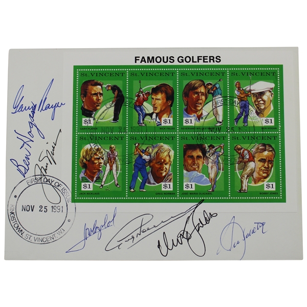 Hogan, Seve, Nicklaus, Player, Norman, Olazabal & Faldo Signed 1991 Famous 60¢ Golfer Stamps JSA ALOA