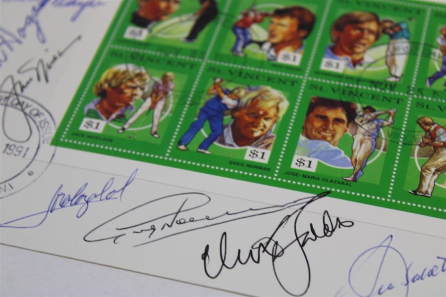 Hogan, Seve, Nicklaus, Player, Norman, Olazabal & Faldo Signed 1991 Famous 60¢ Golfer Stamps JSA ALOA