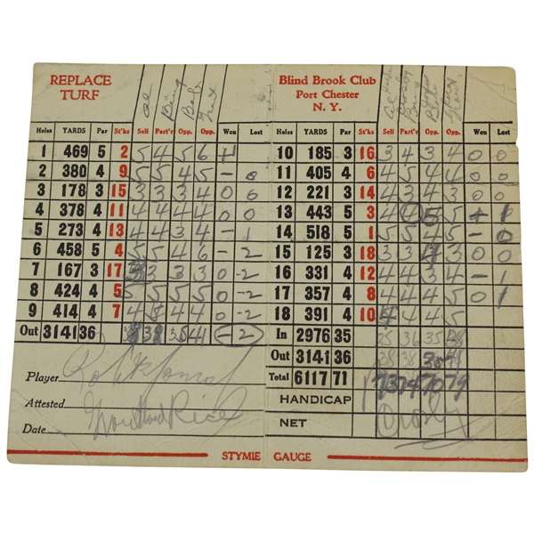 Bobby Jones, Grantland Rice, Bing Crosby & Albin Holder Match Signed Blind Brook Scorecard JSA ALOA