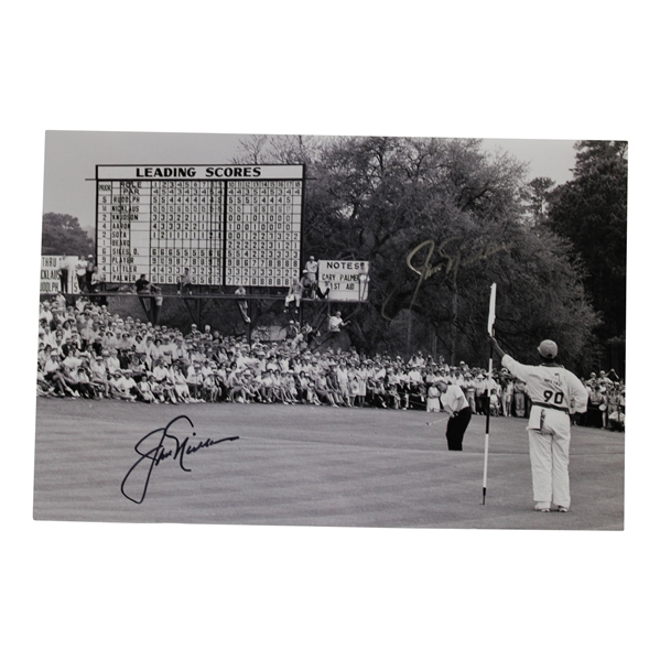 Jack Nicklaus Twice-Signed 1965 Masters 18th Green Chip B&W Photo with Letter JSA ALOA