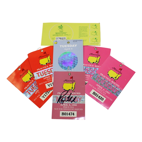 Ray Floyd Signed 1996 Masters Ticket with Five Practice Round Tickets & 1990 Parking Sticker JSA ALOA 