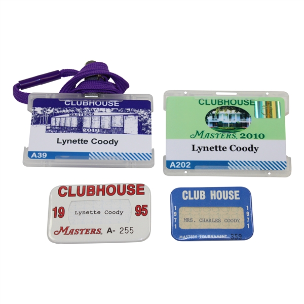 Lynette Coodys 1971, 1995, 2010, & 2019 Masters Clubhouse Badges 