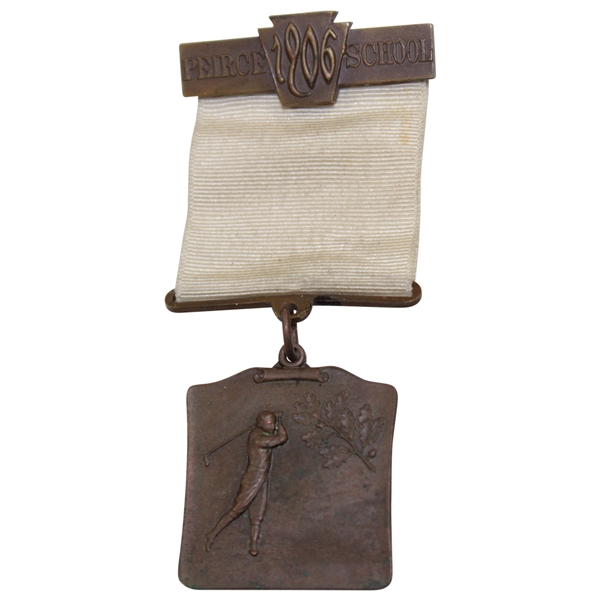Circa 1930s Peirce School Uninscribed Bronze Medal with Golfer - White Ribbon & Bar Pin Name & 1906 Founding Date