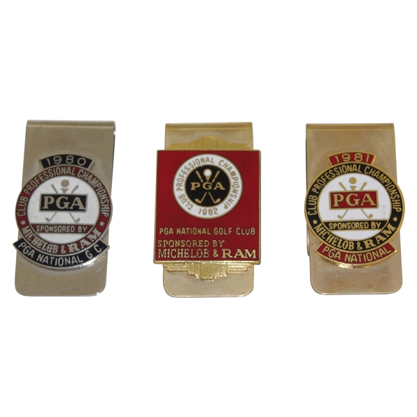 1980, 1981, & 1982 PGA Club Professional Championship Money Clips/Badges