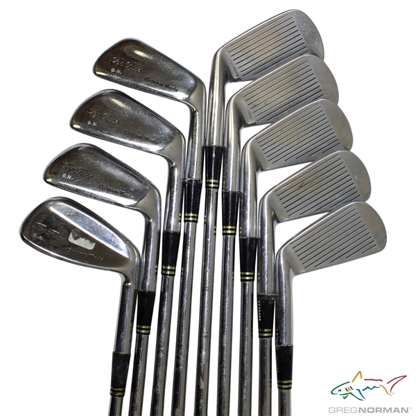 Greg Normans Personal Used Set of Spalding TopFlite Custom Made G.N. Irons 2-PW Reg #CI34439