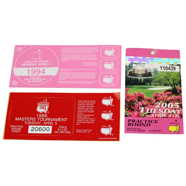 1988 & 1994 Masters Parking Passes with 2005 Masters Tuesday Practice Round Ticket #Y10439