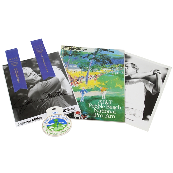 Johnny Miller Signed Photo with 1987 Pebble Beach Pro-A Bag Tag, Program, Ribbons, & Photo JSA ALOA