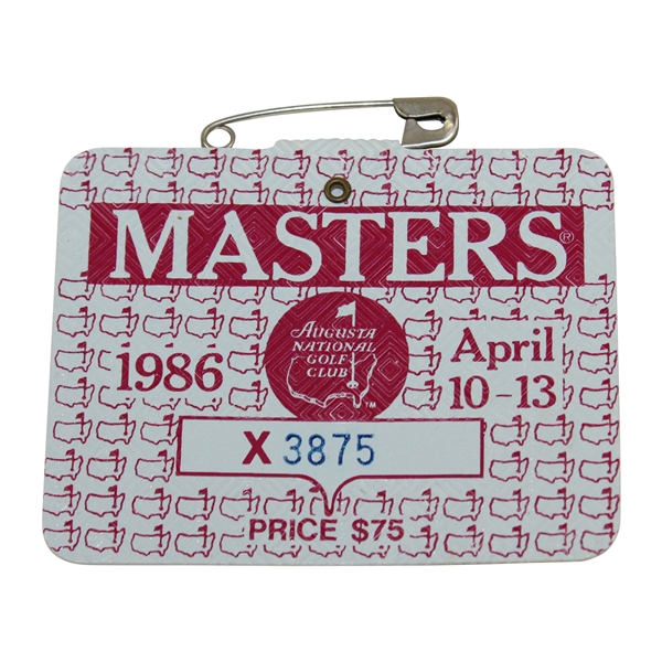 1986 Masters Tournament SERIES Badge #X3875 with Original Pin - Jack Nicklaus 6th Masters Win