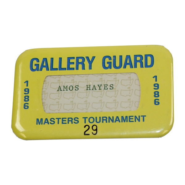 1986 Masters Tournament Gallery Guard Badge #29 Issued to Amos Hayes - Jack Nicklaus 6th Masters Win