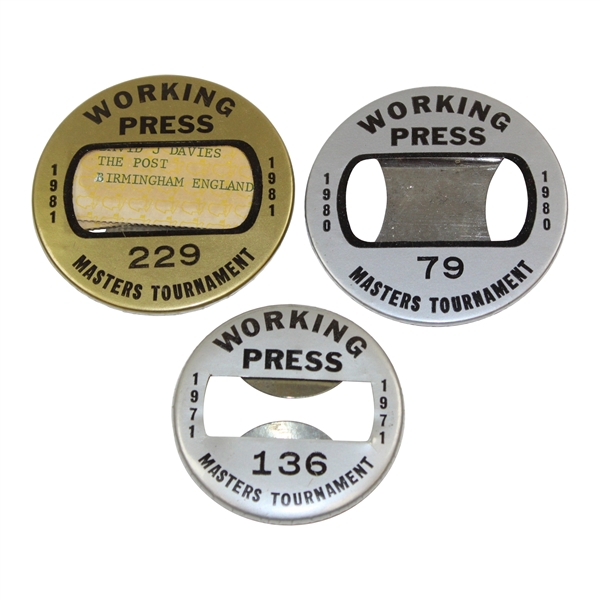 1971, 1980 & 1981 Masters Tournament Working Press Badges #136, #79 & #229 - Coody, Seve, & Watson