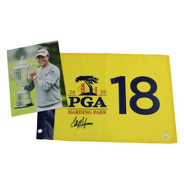 Colin Morikawa Signed 2020 PGA at Harding Park Yellow Flag with Trophy Photo JSA #WIT19994