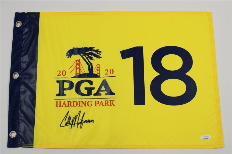 Colin Morikawa Signed 2020 PGA at Harding Park Yellow Flag with Trophy Photo JSA #WIT19994