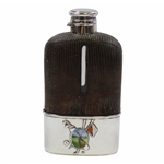 1901 Saegkill GC Won by P.B. Rossire Sterling Silver, Glass & Leather Sheath Flask w/Enameled Golfer