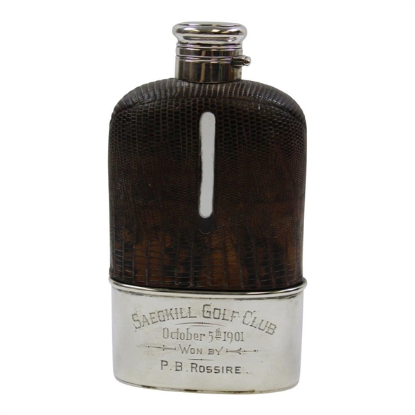 1901 Saegkill GC Won by P.B. Rossire Sterling Silver, Glass & Leather Sheath Flask w/Enameled Golfer