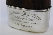 1901 Saegkill GC Won by P.B. Rossire Sterling Silver, Glass & Leather Sheath Flask w/Enameled Golfer
