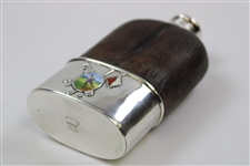 1901 Saegkill GC Won by P.B. Rossire Sterling Silver, Glass & Leather Sheath Flask w/Enameled Golfer