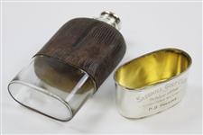 1901 Saegkill GC Won by P.B. Rossire Sterling Silver, Glass & Leather Sheath Flask w/Enameled Golfer