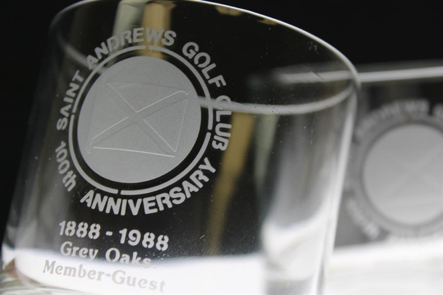 Two (2) Saint Andrew's Golf Club '1888-1988' 100th Anniversary Grey Oaks Member-Guest Logo Glasses