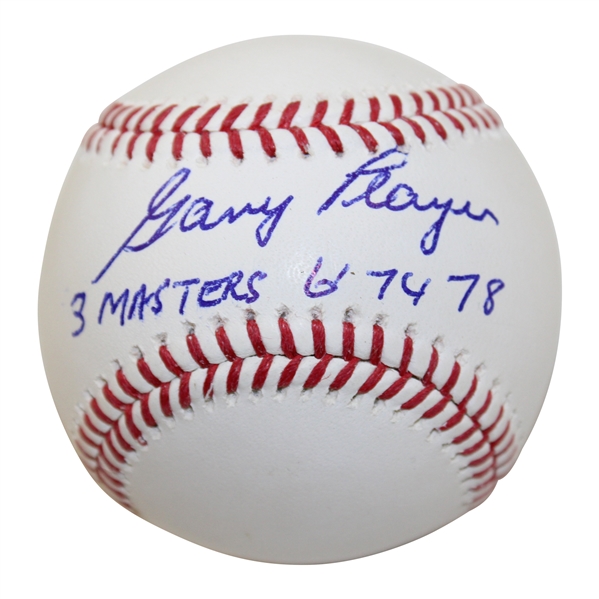 Gary Player Signed Baseball with 3 Masters 61 74 78 Inscription in Case BECKETT Witness #WM05077