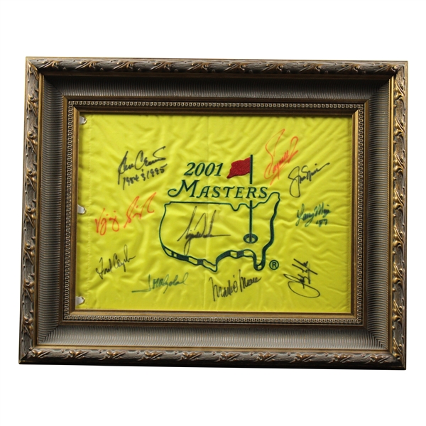 Tiger Woods Signed 2001 Masters Flag with 9 Other Masters Champs - Framed JSA ALOA